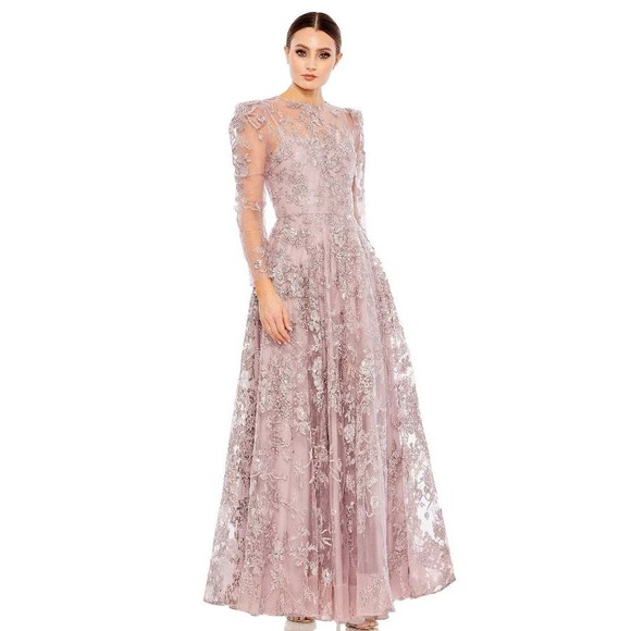 NWT Mac Duggal Embroidered Illusion High Neck A Line Dress Lilac Women's Size 14